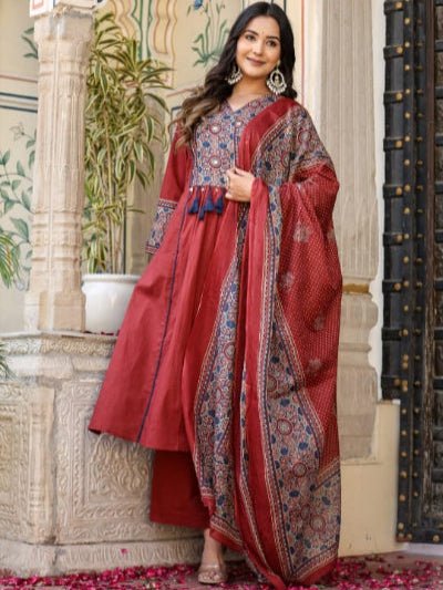 Elegant Red Handwork Cotton Anarkali Suit Set - BONYHUBSALWAR KAMEEZ