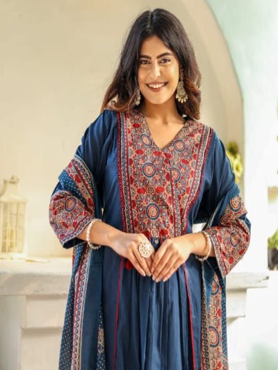 Teal Blue Handwork Cotton Anarkali Suit Set - BONYHUBSALWAR KAMEEZ