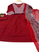 Elegant Red Handwork Cotton Anarkali Suit Set - BONYHUBSALWAR KAMEEZ