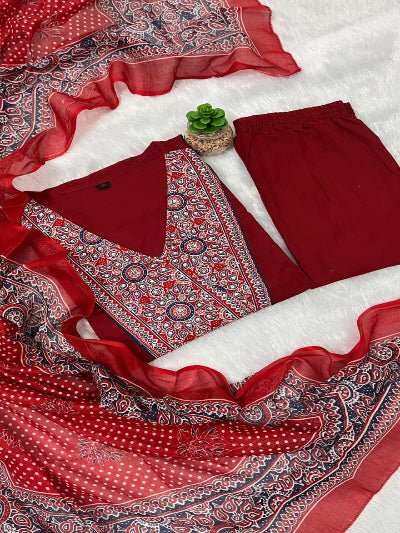 Elegant Red Handwork Cotton Anarkali Suit Set - BONYHUBSALWAR KAMEEZ