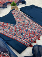 Teal Blue Handwork Cotton Anarkali Suit Set - BONYHUBSALWAR KAMEEZ