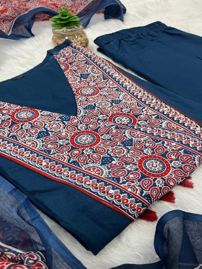 Teal Blue Handwork Cotton Anarkali Suit Set - BONYHUBSALWAR KAMEEZ