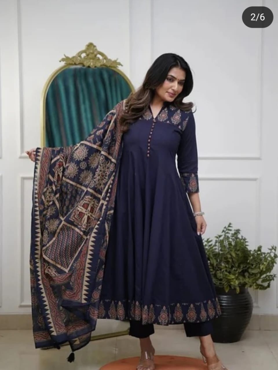 Navy Blue Elegant block print Cotton Anarkali Suit Set - BONYHUBSALWAR KAMEEZ