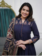 Navy Blue Elegant block print Cotton Anarkali Suit Set - BONYHUBSALWAR KAMEEZ