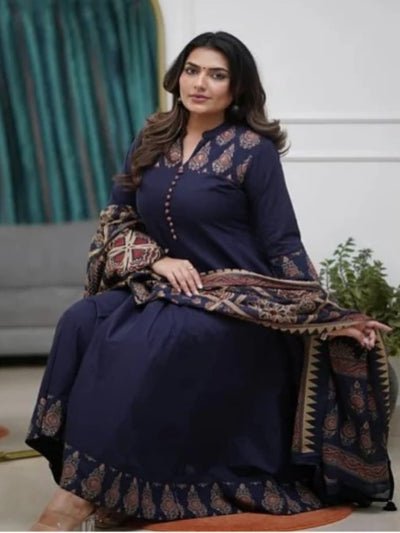 Navy Blue Elegant block print Cotton Anarkali Suit Set - BONYHUBSALWAR KAMEEZ
