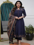 Navy Blue Elegant block print Cotton Anarkali Suit Set - BONYHUBSALWAR KAMEEZ