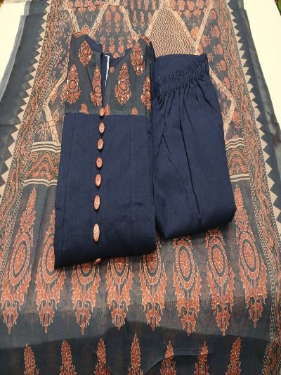 Navy Blue Elegant block print Cotton Anarkali Suit Set - BONYHUBSALWAR KAMEEZ