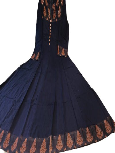 Navy Blue Elegant block print Cotton Anarkali Suit Set - BONYHUBSALWAR KAMEEZ