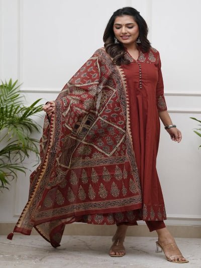 Brick Red block print Cotton Anarkali Suit Set - BONYHUBSALWAR KAMEEZ