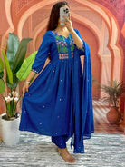 Blue Beautiful Mirror Work Cotton Anarkali Suit Set - BONYHUBSALWAR KAMEEZ