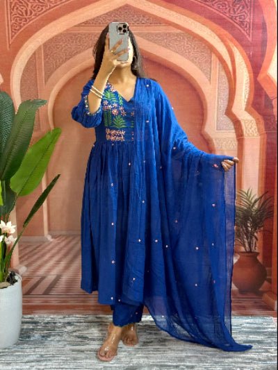 Blue Beautiful Mirror Work Cotton Anarkali Suit Set - BONYHUBSALWAR KAMEEZ