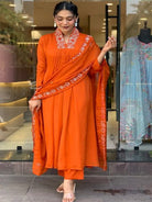 Bright Orange Embroidery Cotton Anarkali Suit Set - BONYHUBSALWAR KAMEEZ