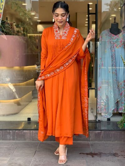 Bright Orange Embroidery Cotton Anarkali Suit Set - BONYHUBSALWAR KAMEEZ