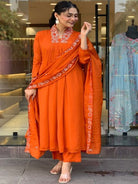 Bright Orange Embroidery Cotton Anarkali Suit Set - BONYHUBSALWAR KAMEEZ