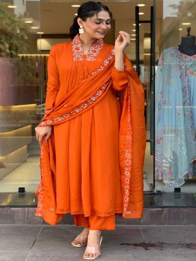 Bright Orange Embroidery Cotton Anarkali Suit Set - BONYHUBSALWAR KAMEEZ