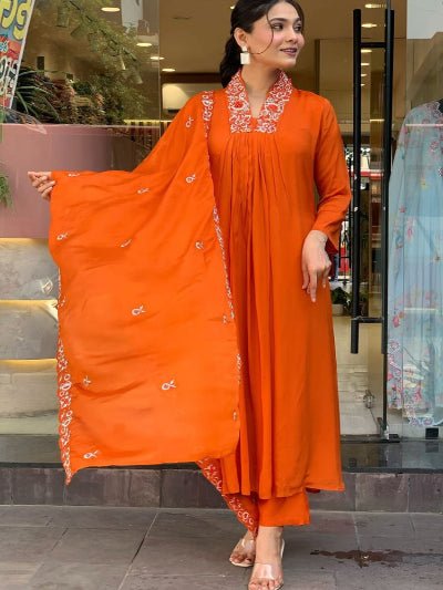 Bright Orange Embroidery Cotton Anarkali Suit Set - BONYHUBSALWAR KAMEEZ