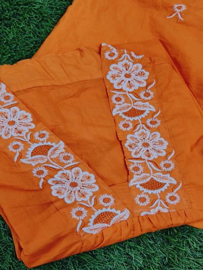 Bright Orange Embroidery Cotton Anarkali Suit Set - BONYHUBSALWAR KAMEEZ