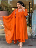 Bright Orange Embroidery Cotton Anarkali Suit Set - BONYHUBSALWAR KAMEEZ