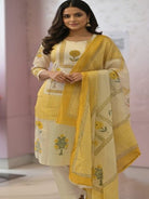 Lemon Yellow & White Handwork Cotton Straight Suit Set - BONYHUBSALWAR KAMEEZ