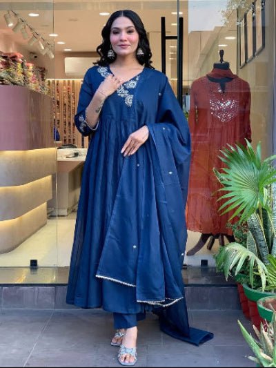 Royal Blue Elegant Embroidery Cotton Anarkali Suit Set - BONYHUBSALWAR KAMEEZ