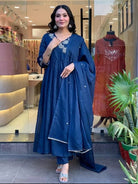 Royal Blue Elegant Embroidery Cotton Anarkali Suit Set - BONYHUBSALWAR KAMEEZ