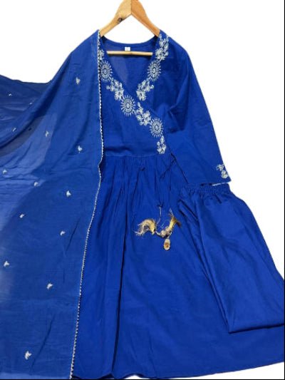 Royal Blue Elegant Embroidery Cotton Anarkali Suit Set - BONYHUBSALWAR KAMEEZ