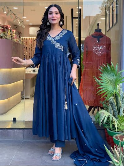 Royal Blue Elegant Embroidery Cotton Anarkali Suit Set - BONYHUBSALWAR KAMEEZ