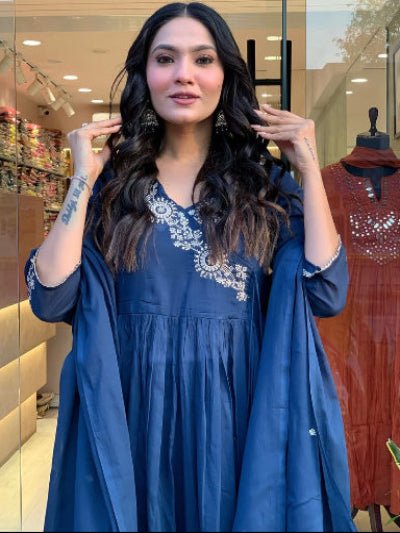 Royal Blue Elegant Embroidery Cotton Anarkali Suit Set - BONYHUBSALWAR KAMEEZ