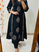 Black Handprint Cotton Straight Suit Set - BONYHUBSALWAR KAMEEZ
