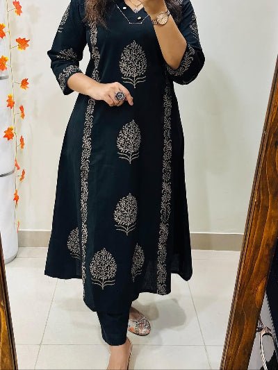 Black Handprint Cotton Straight Suit Set - BONYHUBSALWAR KAMEEZ