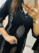 Black Handprint Cotton Straight Suit Set - BONYHUBSALWAR KAMEEZ