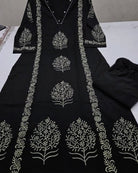 Black Handprint Cotton Straight Suit Set - BONYHUBSALWAR KAMEEZ