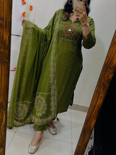 Olive Green Embroidery Cotton Straight Suit Set - BONYHUBSALWAR KAMEEZ