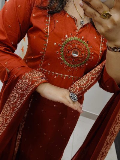 Brunt Orange Embroidery Cotton Straight Suit Set - BONYHUBSALWAR KAMEEZ