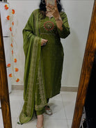 Olive Green Embroidery Cotton Straight Suit Set - BONYHUBSALWAR KAMEEZ