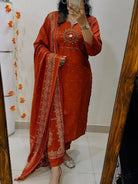 Brunt Orange Embroidery Cotton Straight Suit Set - BONYHUBSALWAR KAMEEZ