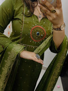 Olive Green Embroidery Cotton Straight Suit Set - BONYHUBSALWAR KAMEEZ