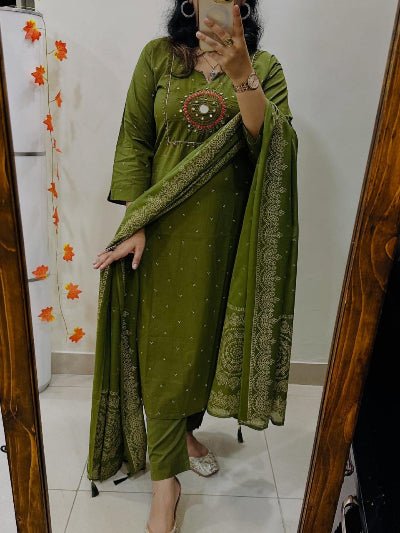 Olive Green Embroidery Cotton Straight Suit Set - BONYHUBSALWAR KAMEEZ