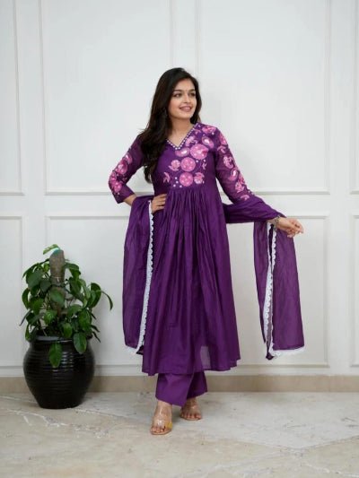 Purple Elegant Embroidery Mulmul Cotton Anarkali Suit Set - BONYHUBSALWAR KAMEEZ