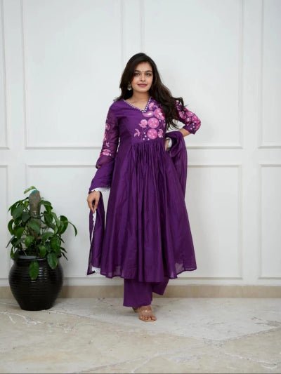 Purple Elegant Embroidery Mulmul Cotton Anarkali Suit Set - BONYHUBSALWAR KAMEEZ