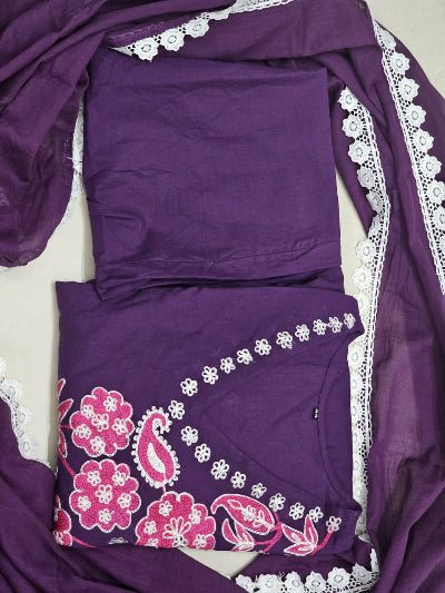 Purple Elegant Embroidery Mulmul Cotton Anarkali Suit Set - BONYHUBSALWAR KAMEEZ