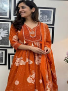 Rusty Orange Floral Print Cotton Anarkali Suit Set - BONYHUBSALWAR KAMEEZ