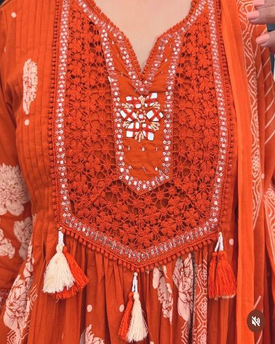 Rusty Orange Floral Print Cotton Anarkali Suit Set - BONYHUBSALWAR KAMEEZ