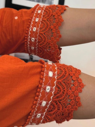 Rusty Orange Floral Print Cotton Anarkali Suit Set - BONYHUBSALWAR KAMEEZ