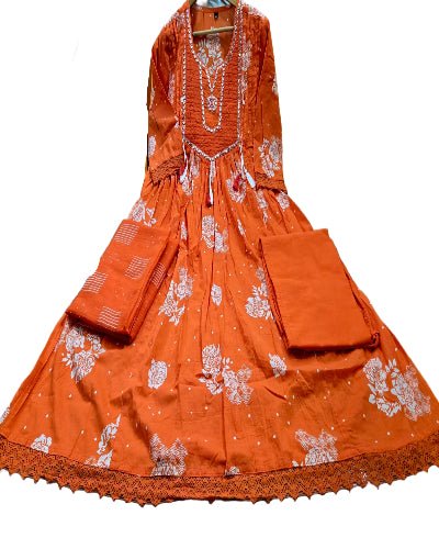 Rusty Orange Floral Print Cotton Anarkali Suit Set - BONYHUBSALWAR KAMEEZ