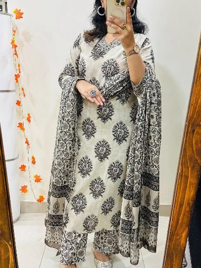 White & Black Classy Cotton Straight Suit Set - BONYHUBSALWAR KAMEEZ