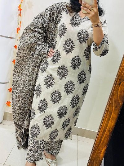 White & Black Classy Cotton Straight Suit Set - BONYHUBSALWAR KAMEEZ