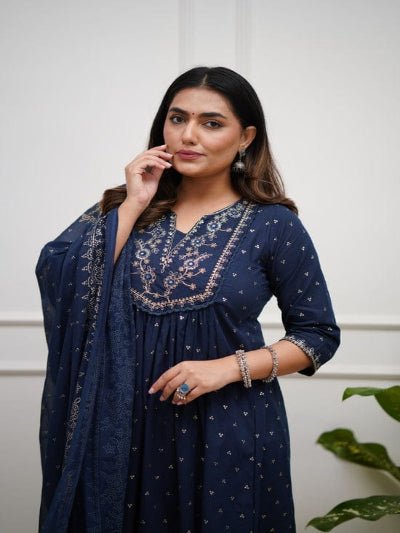 Navy Blue Zari Work Cotton Anarkali Suit Set - BONYHUBSALWAR KAMEEZ
