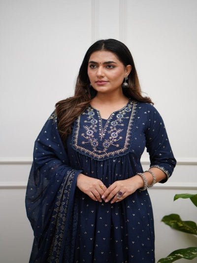 Navy Blue Zari Work Cotton Anarkali Suit Set - BONYHUBSALWAR KAMEEZ