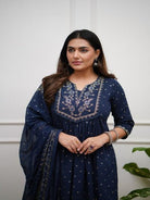 Navy Blue Zari Work Cotton Anarkali Suit Set - BONYHUBSALWAR KAMEEZ